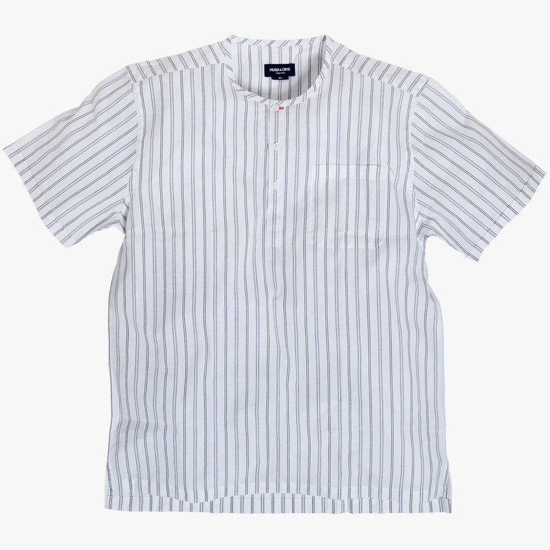 Collarless popover with indigo blue varying double stripes - Venice - Splay